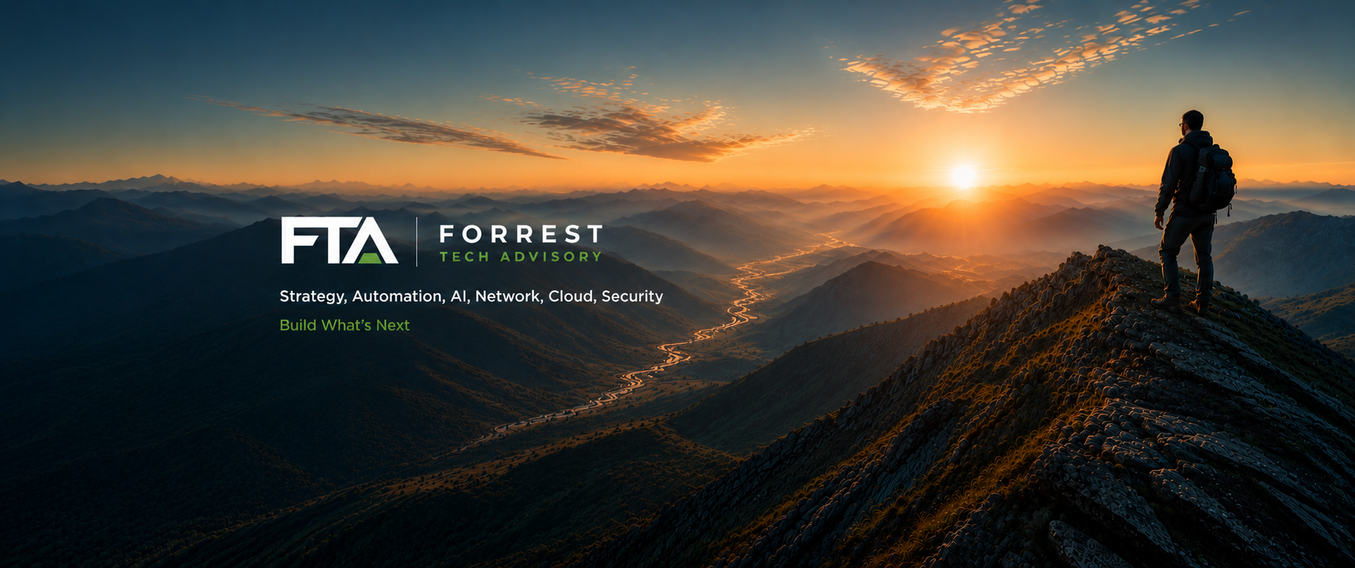 Forrest Tech Advisory logo over a sunrise mountain landscape